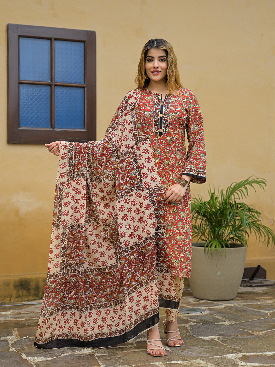 Noe Velarro Maroon Hand Block Cotton Straight Kurta Pant With Dupatta