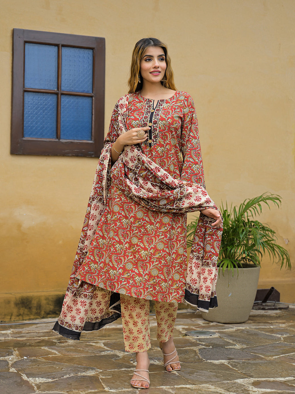 Noe Velarro Maroon Hand Block Cotton Straight Kurta Pant With Dupatta