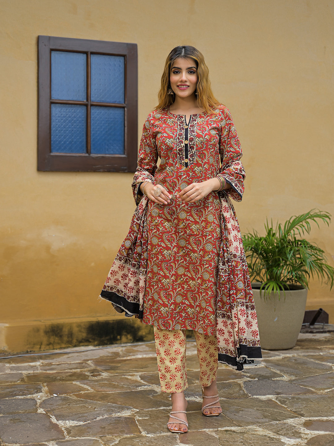 Noe Velarro Maroon Hand Block Cotton Straight Kurta Pant With Dupatta