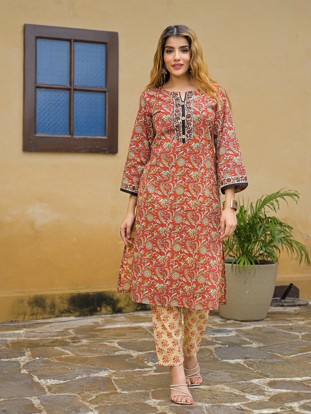 Noe Velarro Maroon Hand Block Cotton Straight Kurta Pant With Dupatta