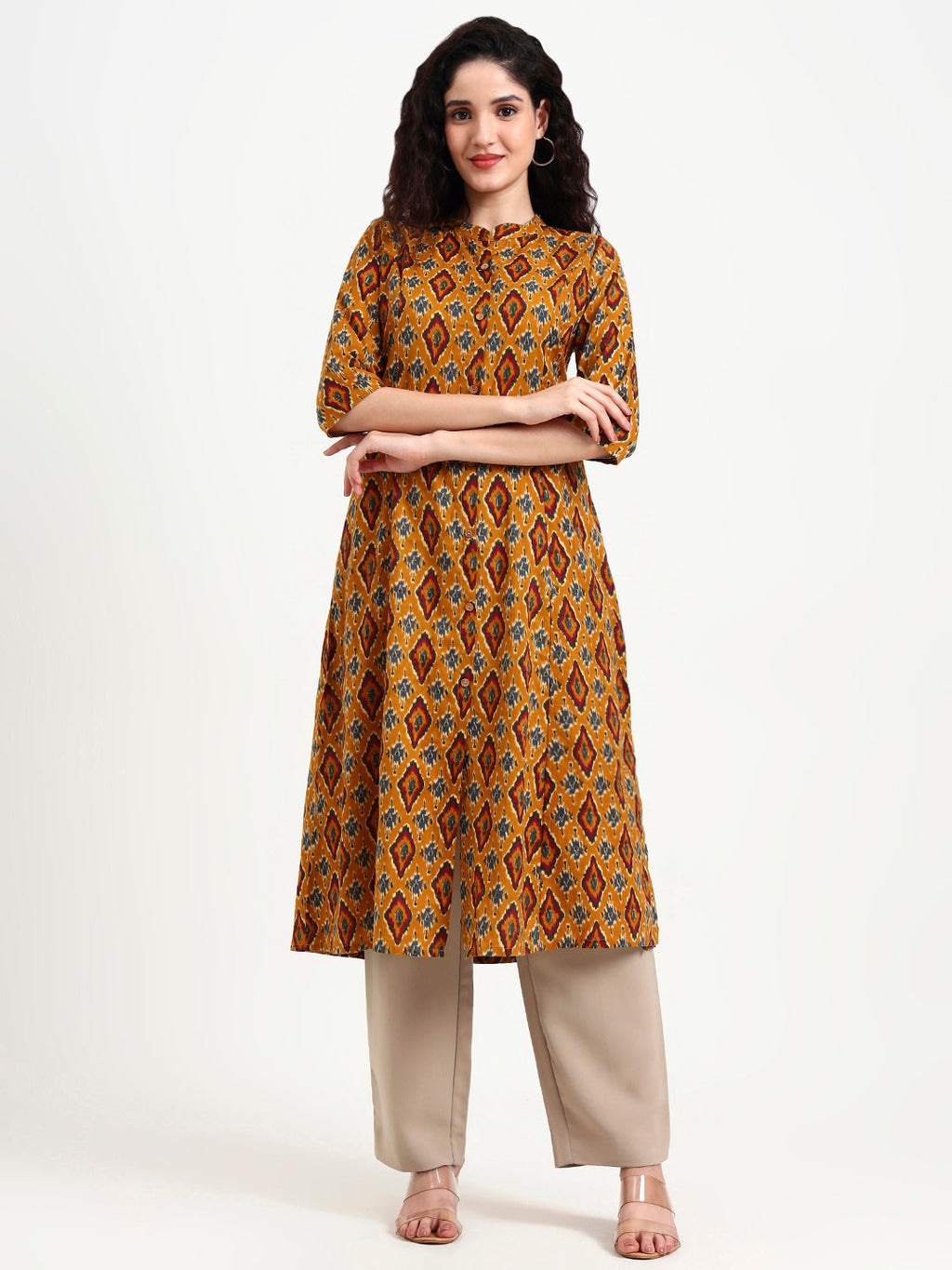 Noe Velarro Mustard Ikkat Print Cotton Kurta
