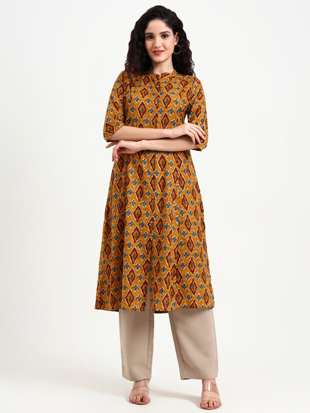 Noe Velarro Mustard Ikkat Print Cotton Kurta