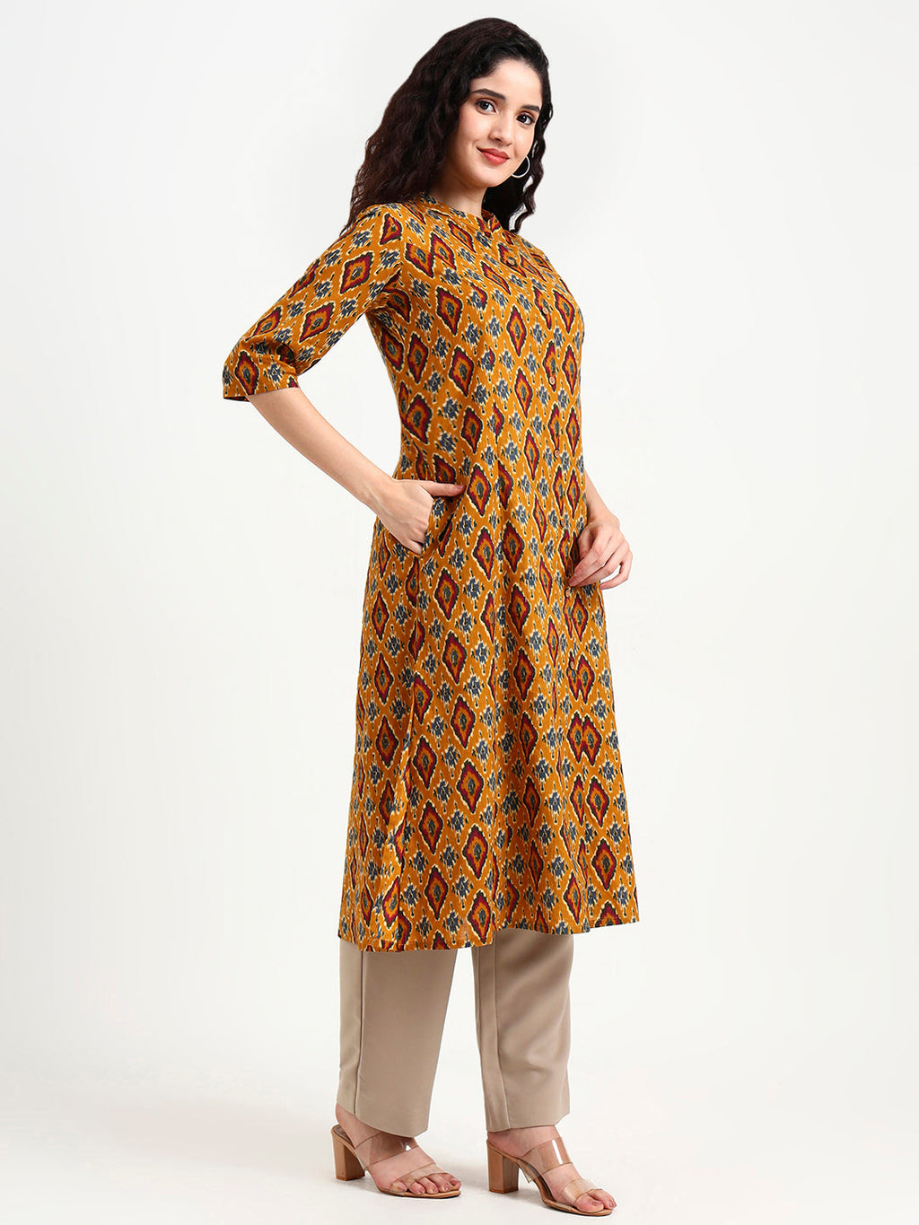Noe Velarro Mustard Ikkat Print Cotton Kurta