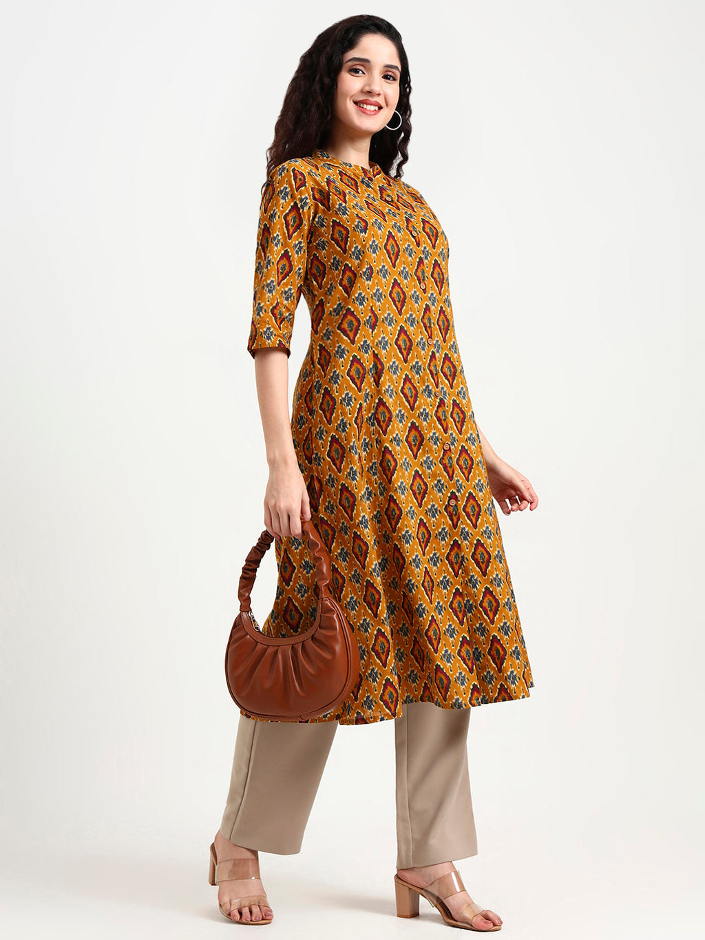Noe Velarro Mustard Ikkat Print Cotton Kurta