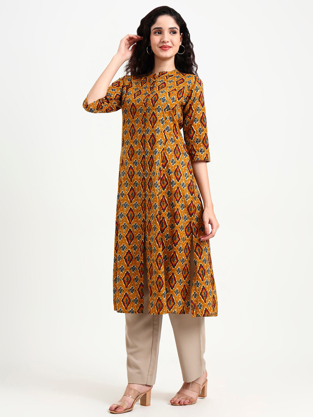 Noe Velarro Mustard Ikkat Print Cotton Kurta