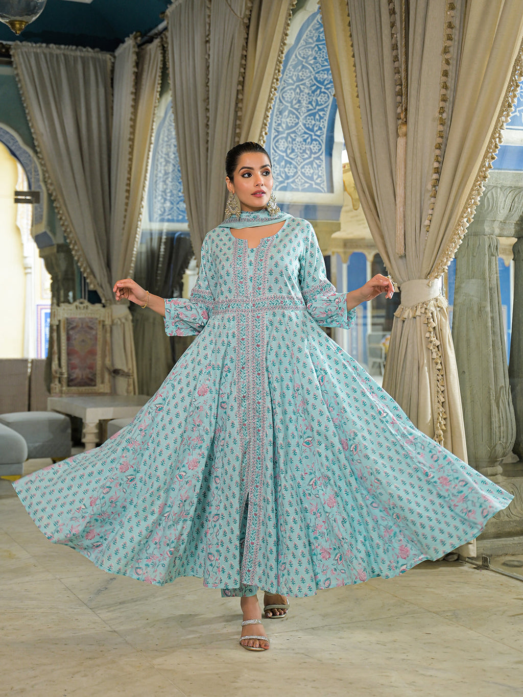 Noe Velarro Sky Blue  Ethnic Motif Cotton Anarkali Kurta Pant With Dupatta