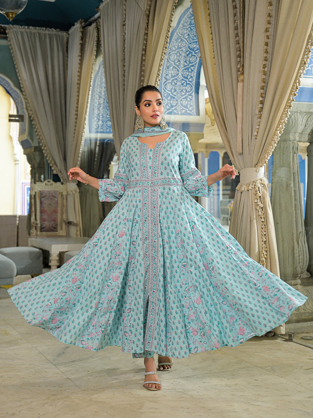 Noe Velarro Sky Blue  Ethnic Motif Cotton Anarkali Kurta Pant With Dupatta