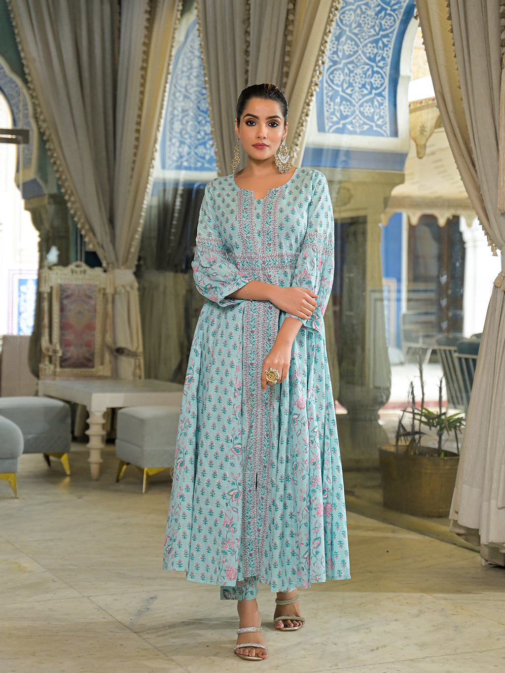 Noe Velarro Sky Blue  Ethnic Motif Cotton Anarkali Kurta Pant With Dupatta