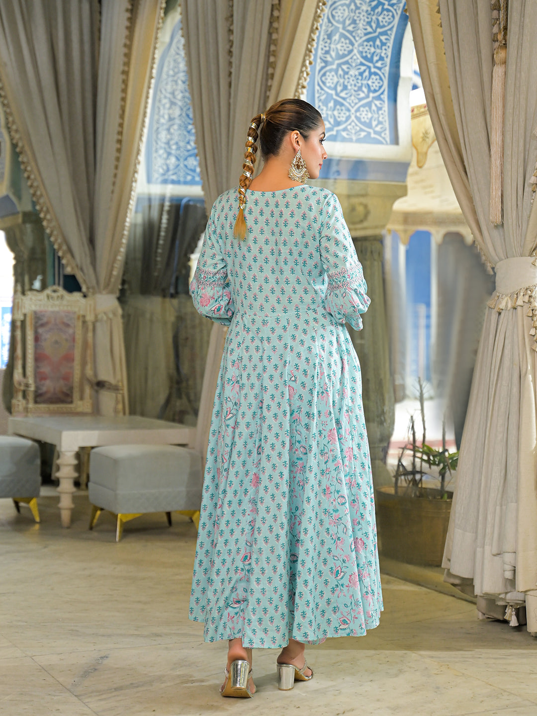 Noe Velarro Sky Blue  Ethnic Motif Cotton Anarkali Kurta Pant With Dupatta
