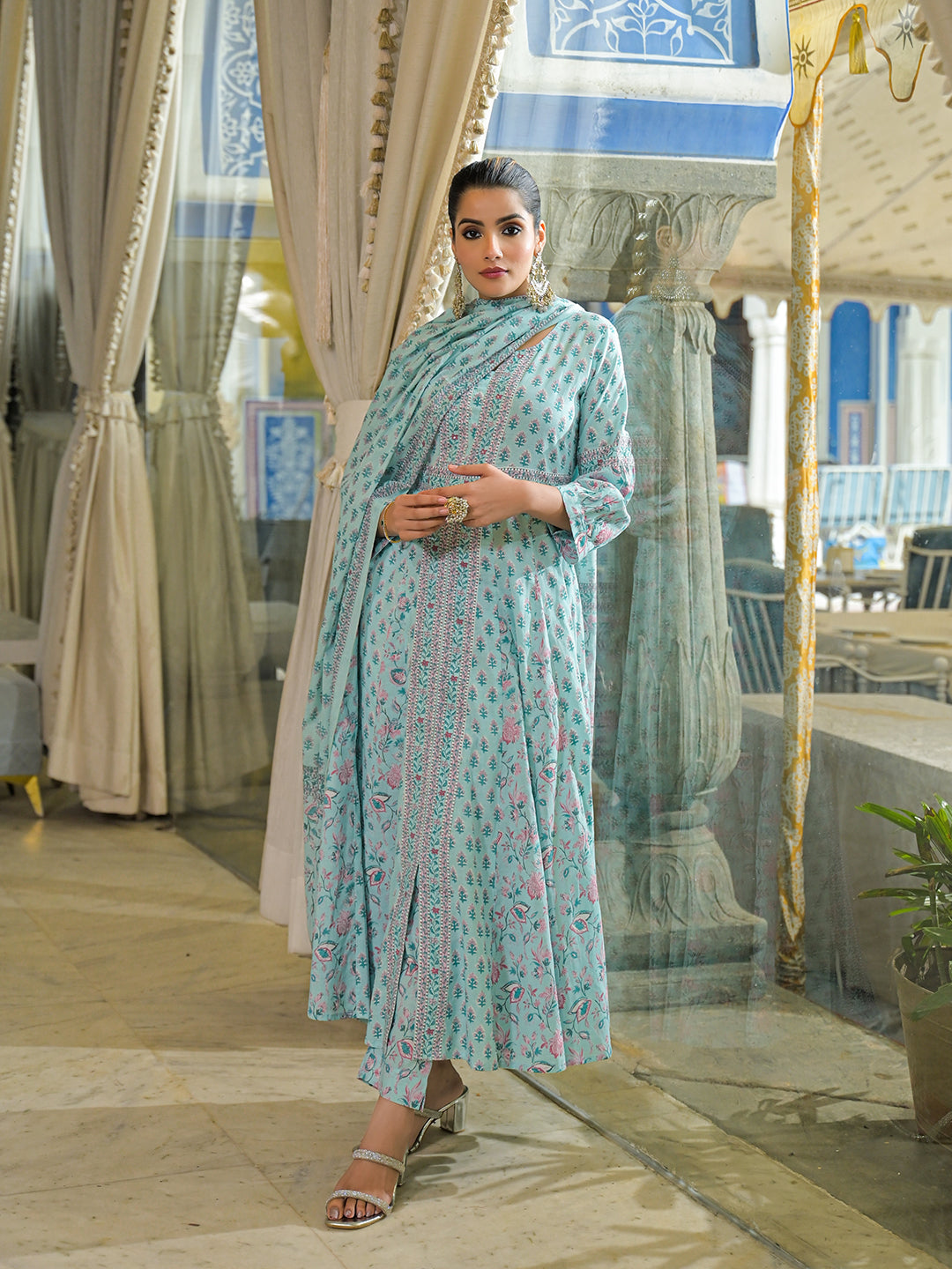 Noe Velarro Sky Blue  Ethnic Motif Cotton Anarkali Kurta Pant With Dupatta