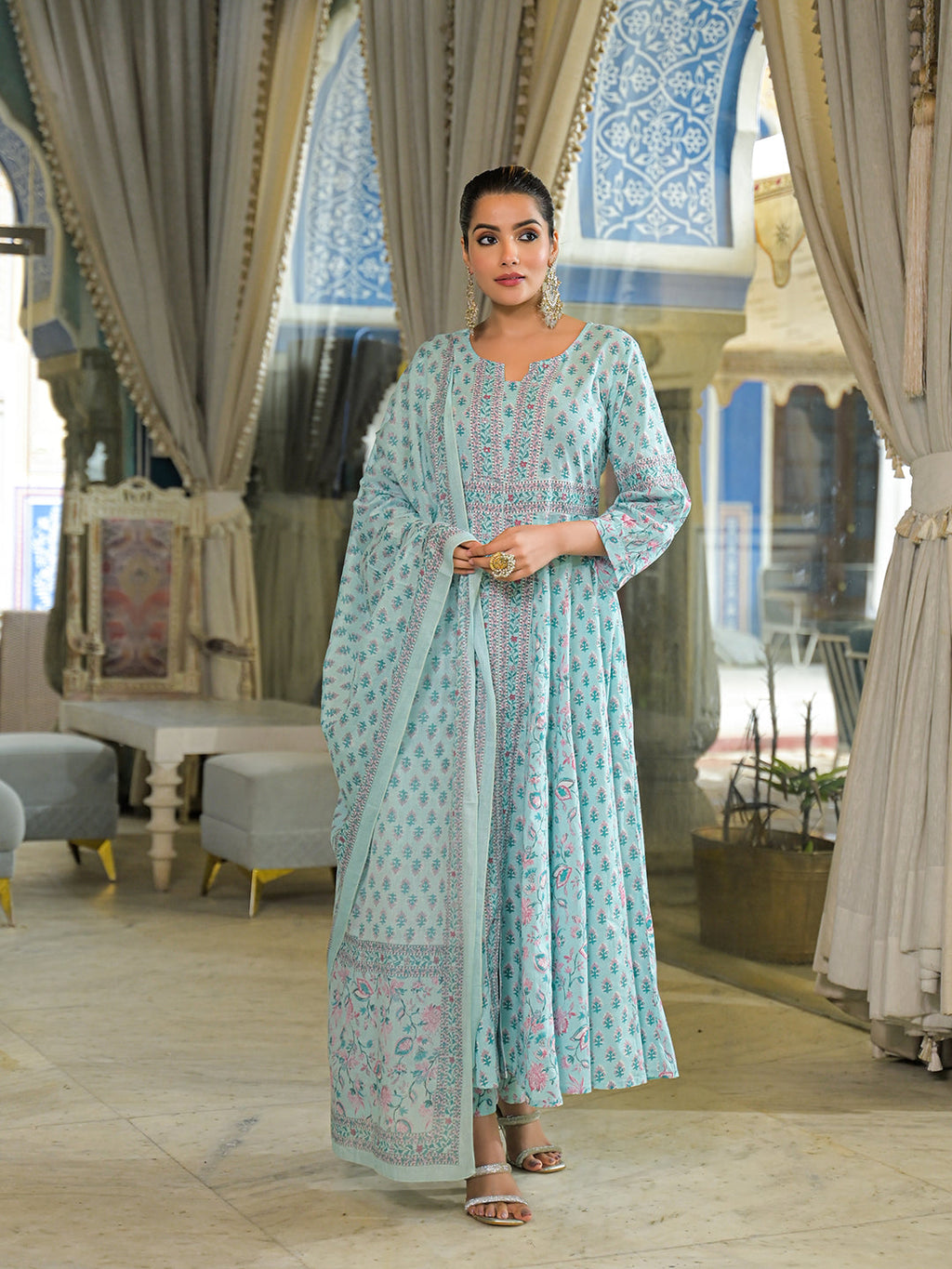 Noe Velarro Sky Blue  Ethnic Motif Cotton Anarkali Kurta Pant With Dupatta