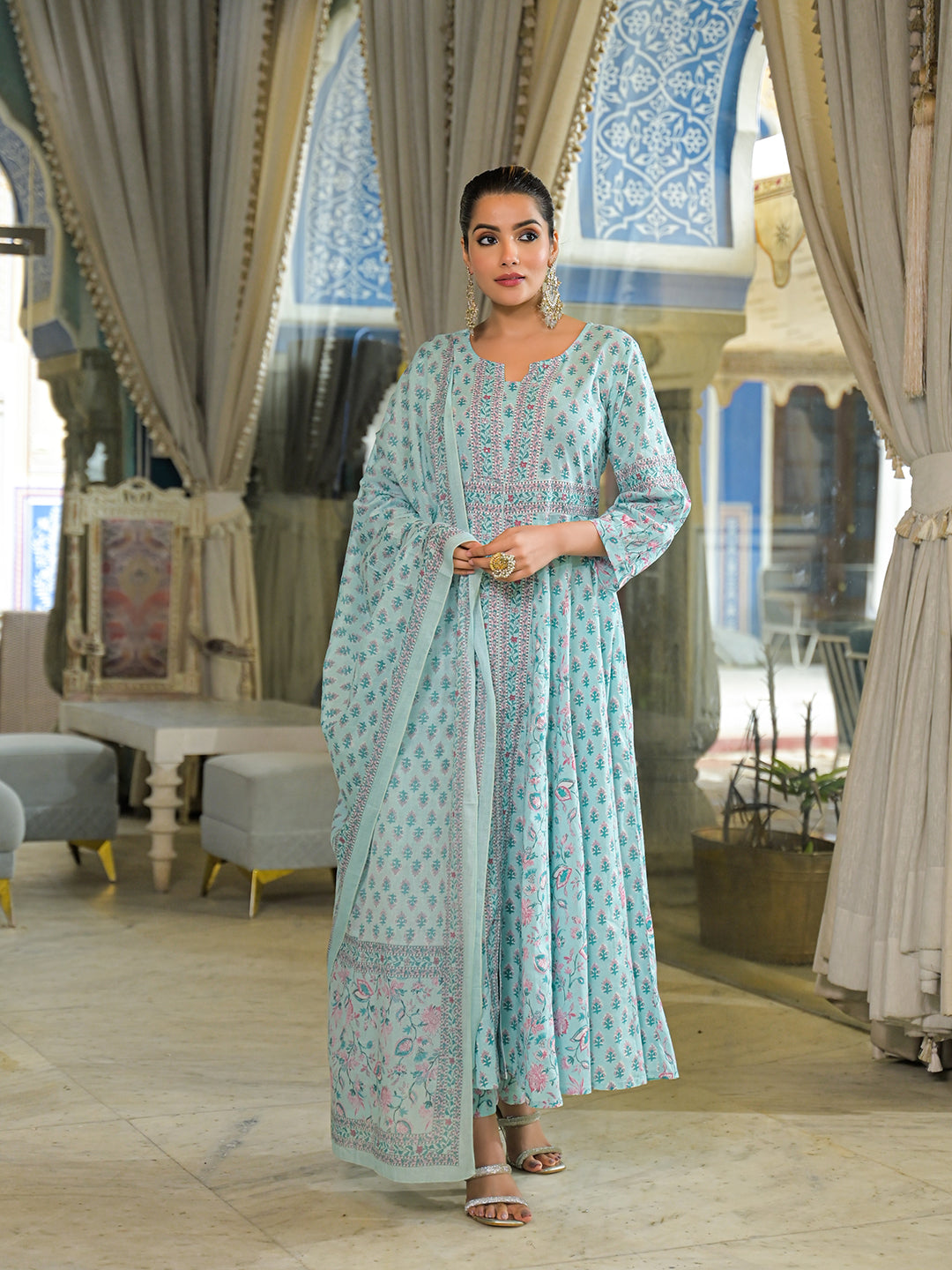Noe Velarro Sky Blue  Ethnic Motif Cotton Anarkali Kurta Pant With Dupatta