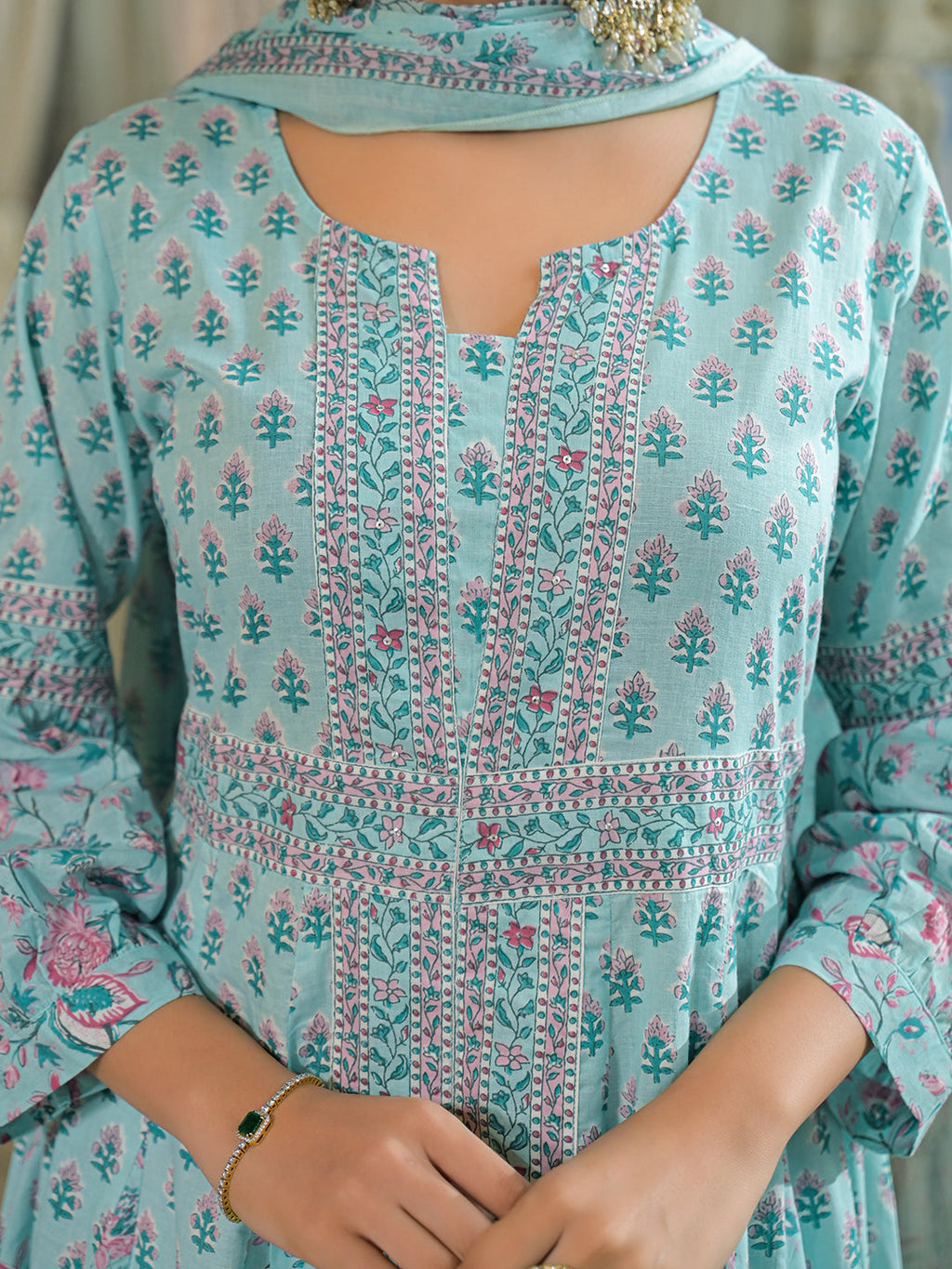 Noe Velarro Sky Blue  Ethnic Motif Cotton Anarkali Kurta Pant With Dupatta