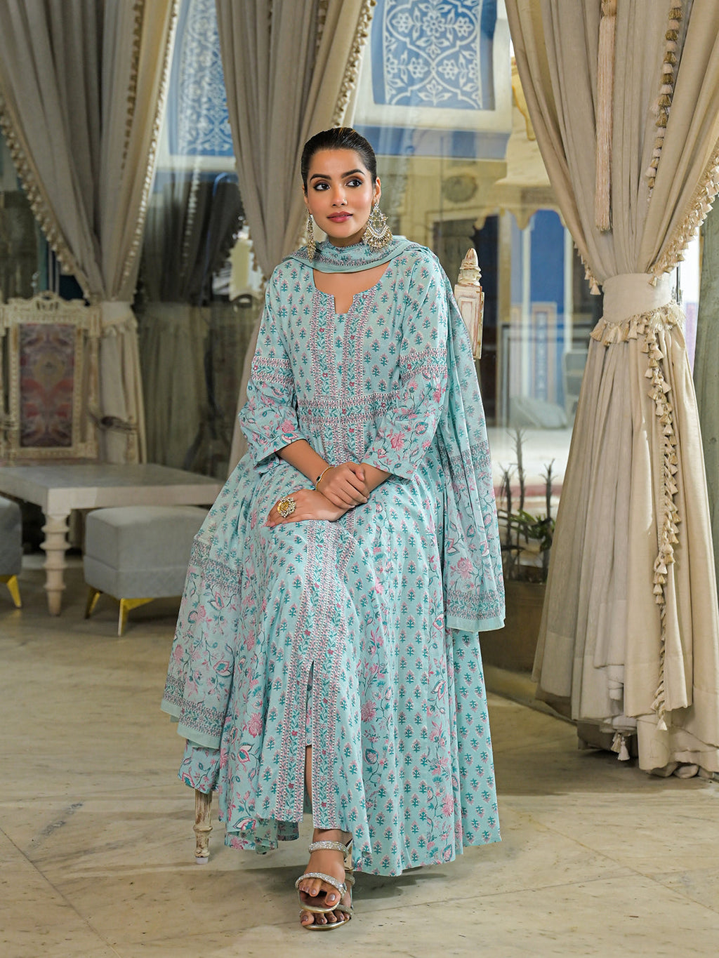 Noe Velarro Sky Blue  Ethnic Motif Cotton Anarkali Kurta Pant With Dupatta