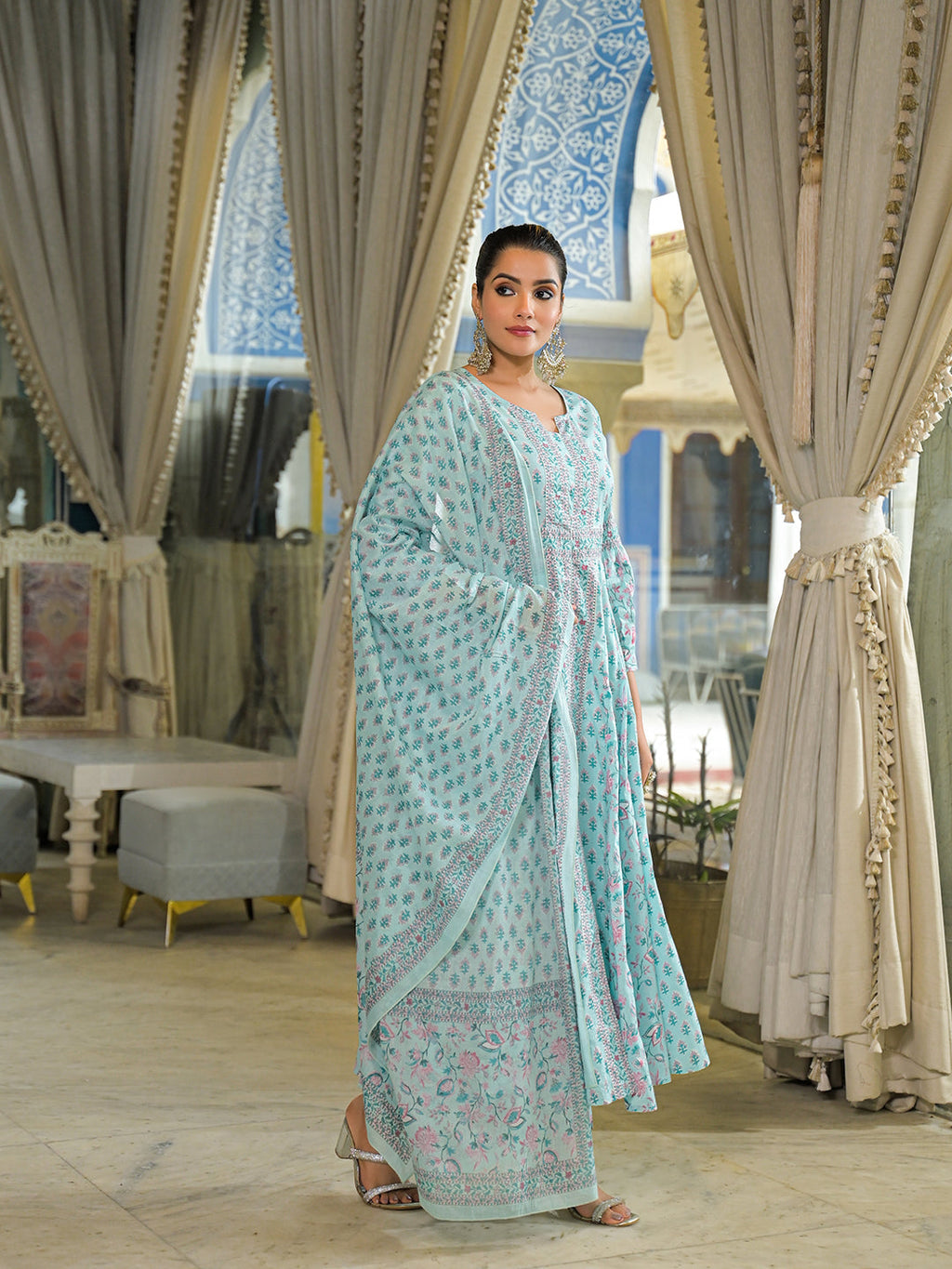 Noe Velarro Sky Blue  Ethnic Motif Cotton Anarkali Kurta Pant With Dupatta