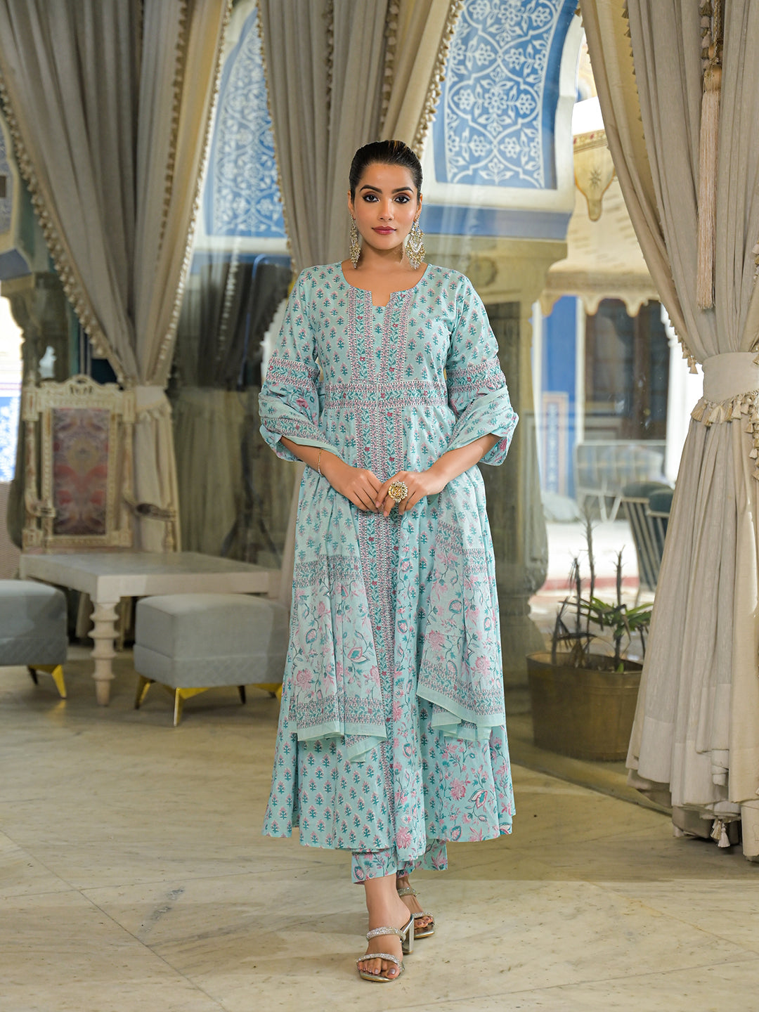 Noe Velarro Sky Blue  Ethnic Motif Cotton Anarkali Kurta Pant With Dupatta