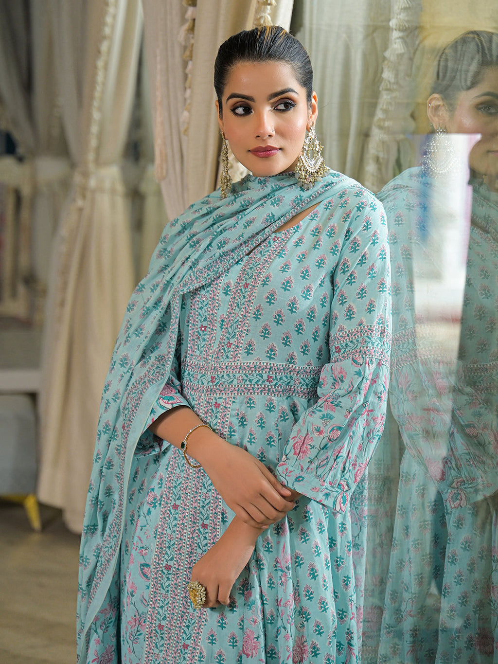 Noe Velarro Sky Blue  Ethnic Motif Cotton Anarkali Kurta Pant With Dupatta