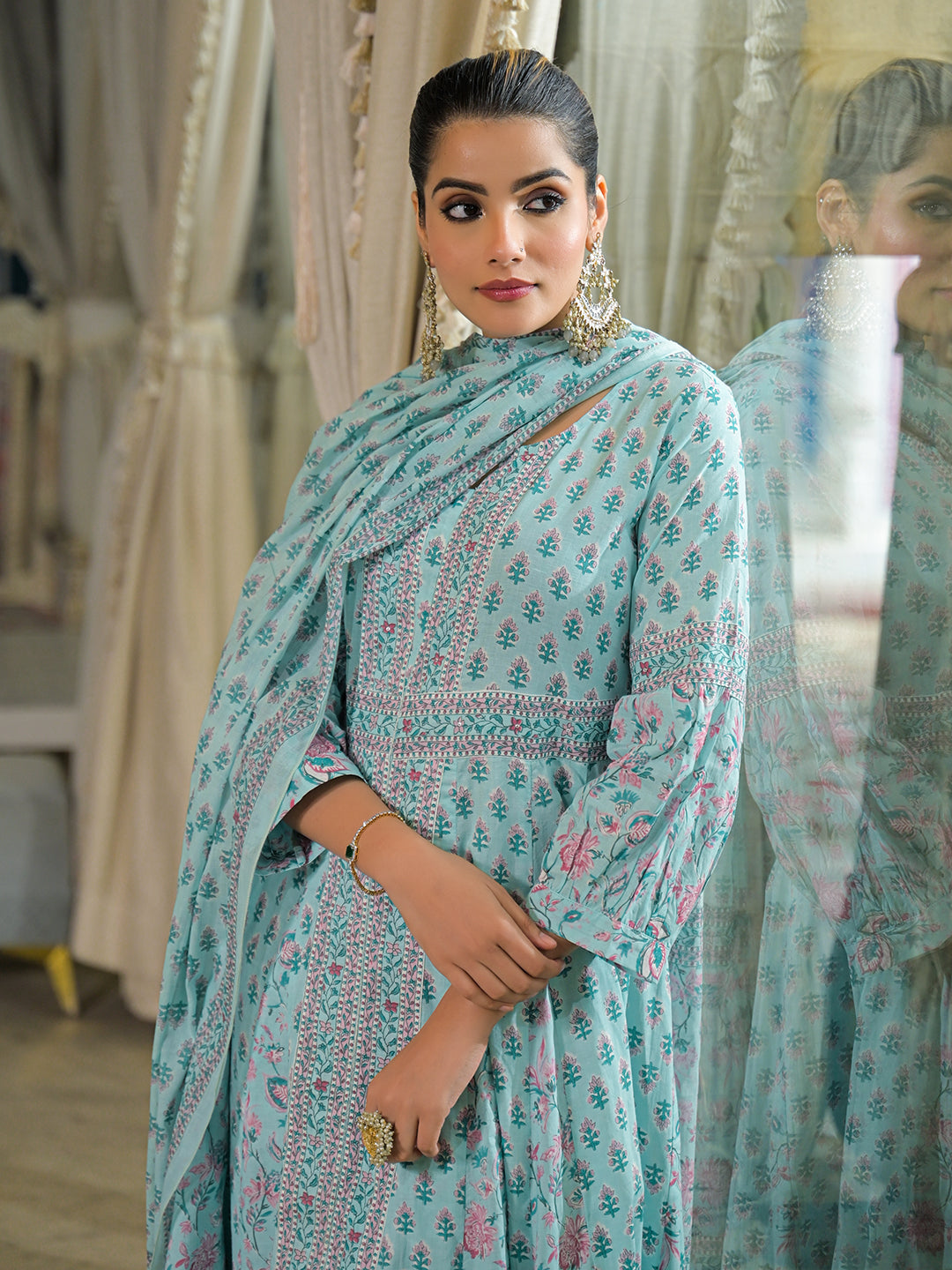 Noe Velarro Sky Blue  Ethnic Motif Cotton Anarkali Kurta Pant With Dupatta