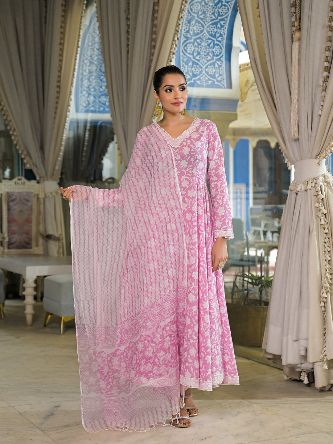 Noe Velarro Pink Hand Block Cotton Anarkali Kurta Pant With Dupatta