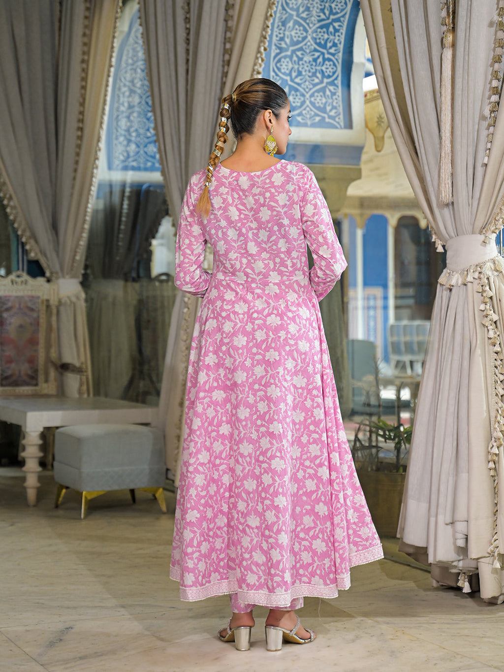 Noe Velarro Pink Hand Block Cotton Anarkali Kurta Pant With Dupatta