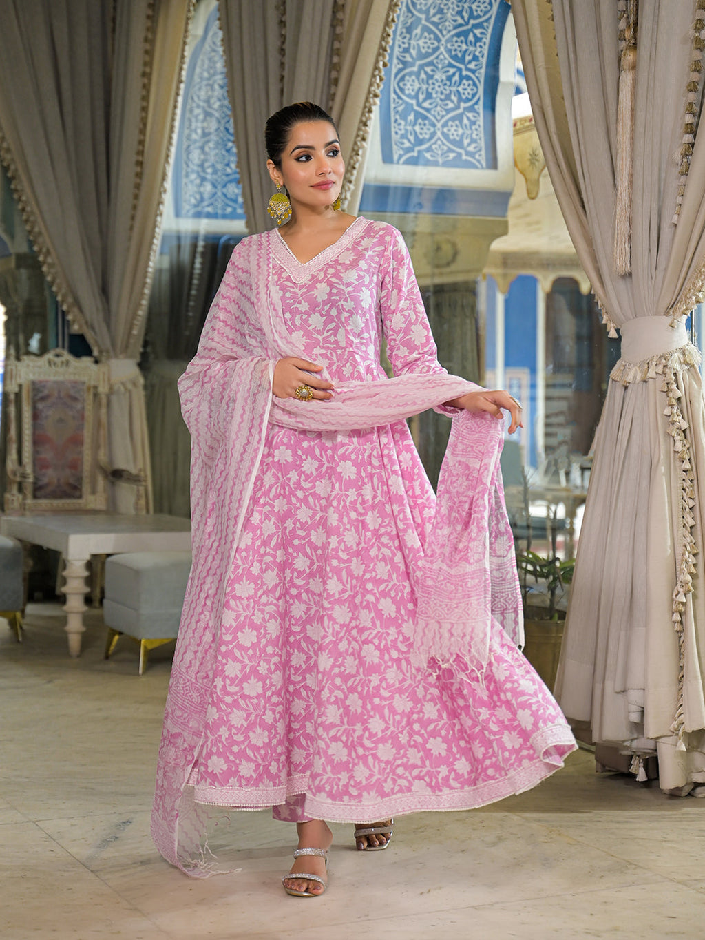 Noe Velarro Pink Hand Block Cotton Anarkali Kurta Pant With Dupatta