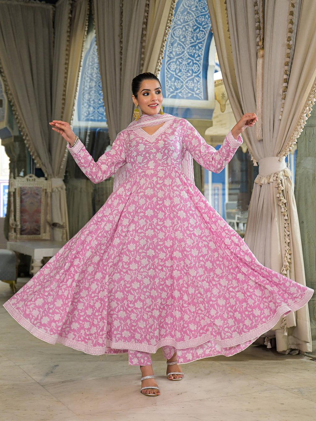Noe Velarro Pink Hand Block Cotton Anarkali Kurta Pant With Dupatta