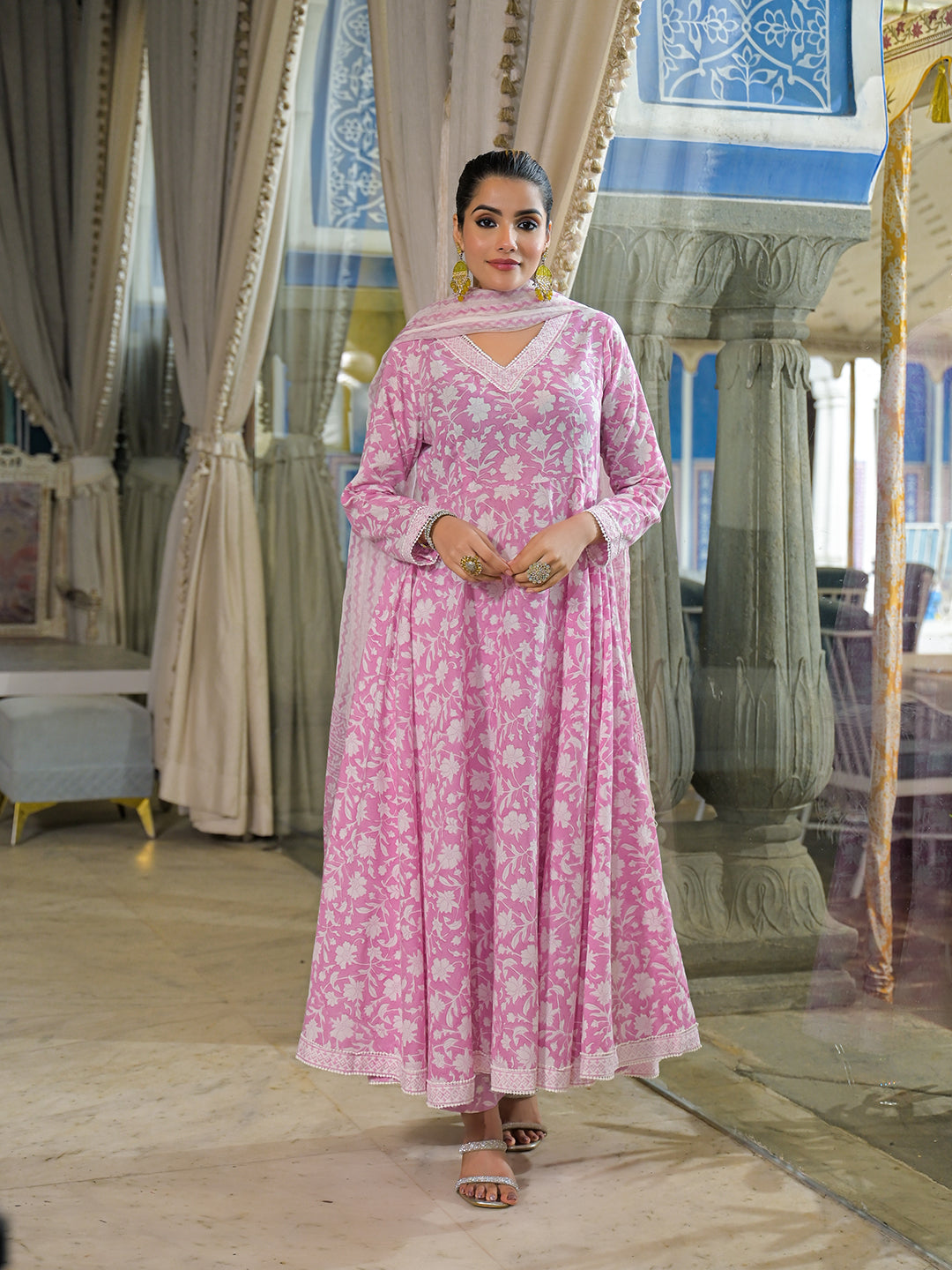 Noe Velarro Pink Hand Block Cotton Anarkali Kurta Pant With Dupatta