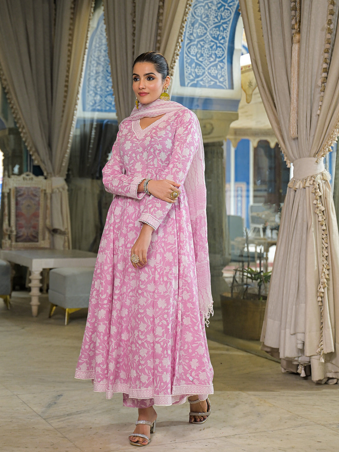 Noe Velarro Pink Hand Block Cotton Anarkali Kurta Pant With Dupatta