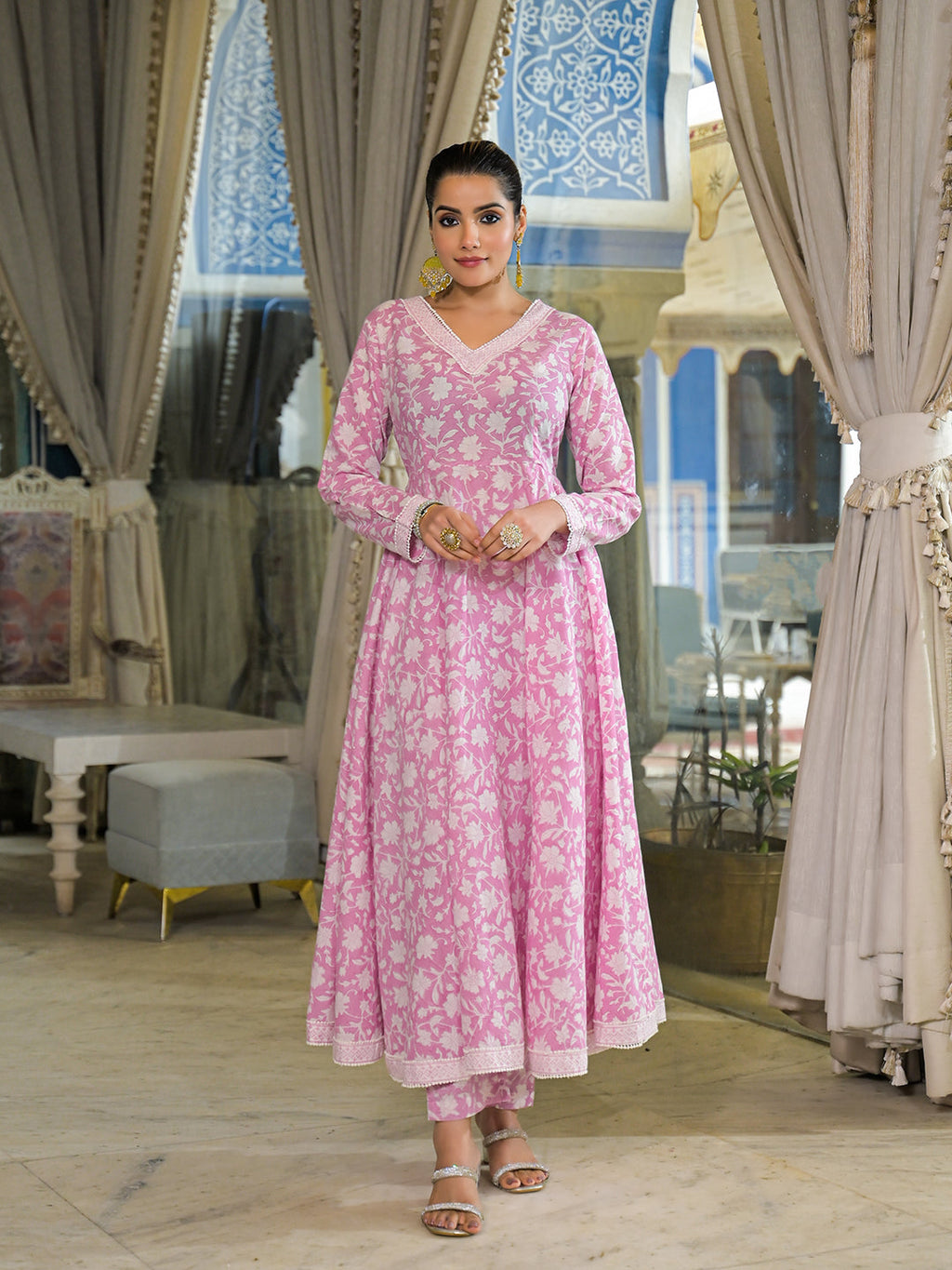 Noe Velarro Pink Hand Block Cotton Anarkali Kurta Pant With Dupatta