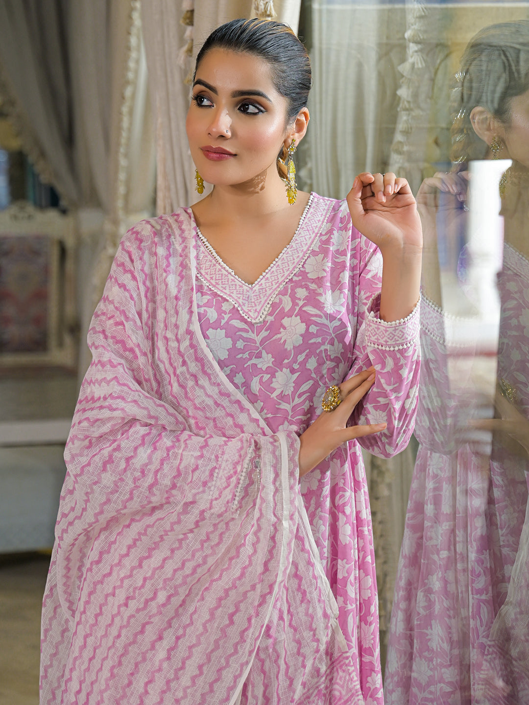 Noe Velarro Pink Hand Block Cotton Anarkali Kurta Pant With Dupatta