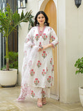 Noe Velarro White Cotton Hand Block A-Line Kurta Pant Sets With Dupatta