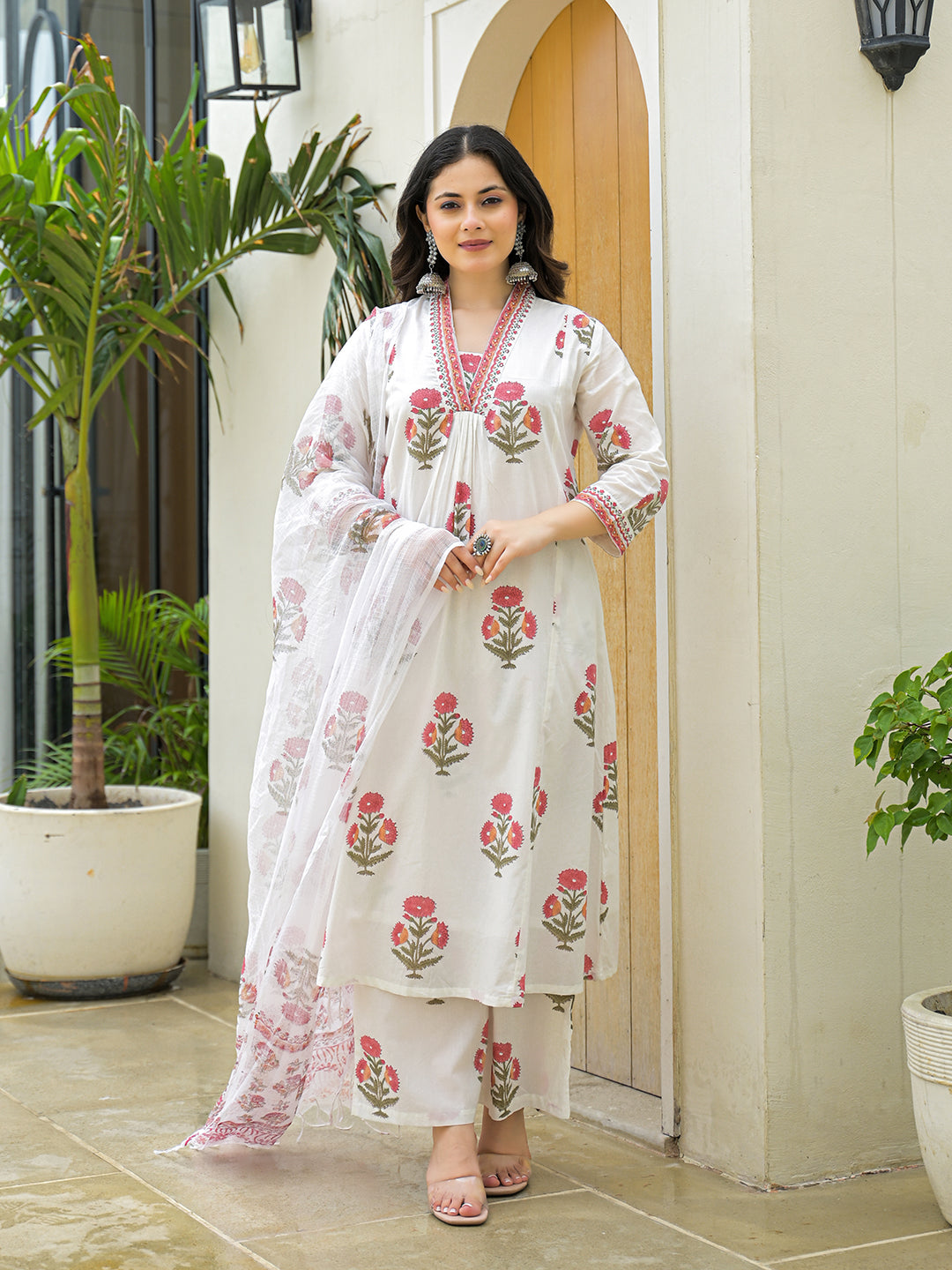 Noe Velarro White Cotton Hand Block A-Line Kurta Pant Sets With Dupatta