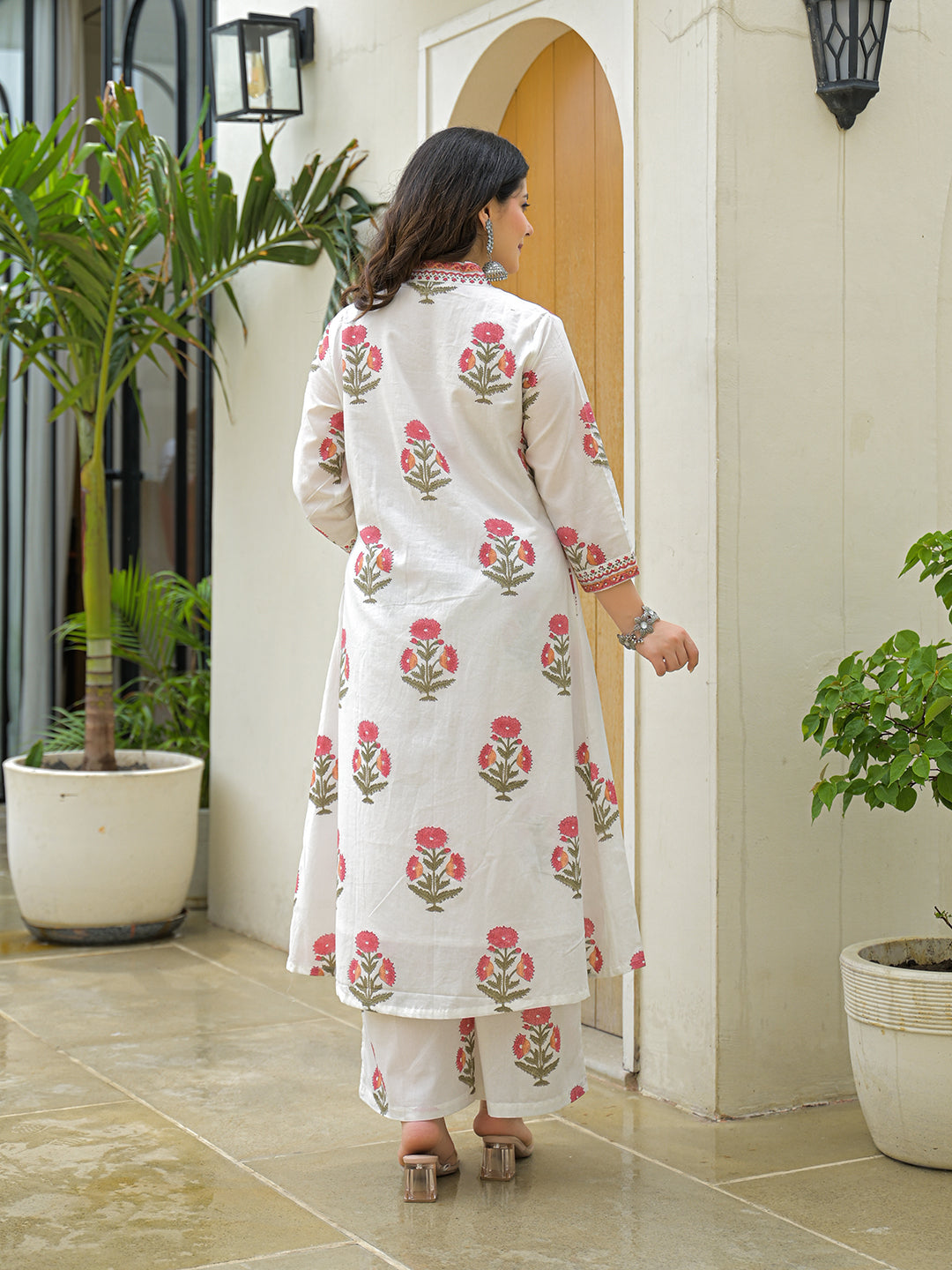 Noe Velarro White Cotton Hand Block A-Line Kurta Pant Sets With Dupatta