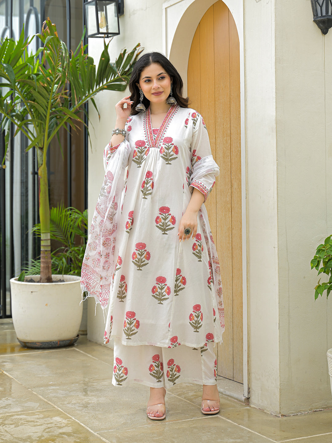 Noe Velarro White Cotton Hand Block A-Line Kurta Pant Sets With Dupatta