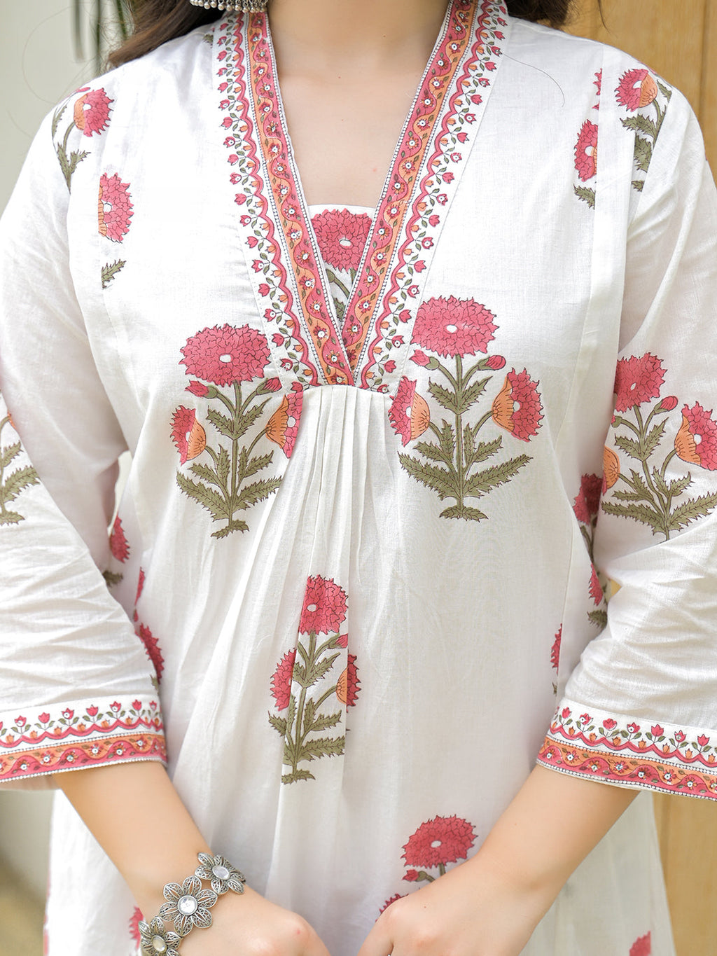 Noe Velarro White Cotton Hand Block A-Line Kurta Pant Sets With Dupatta