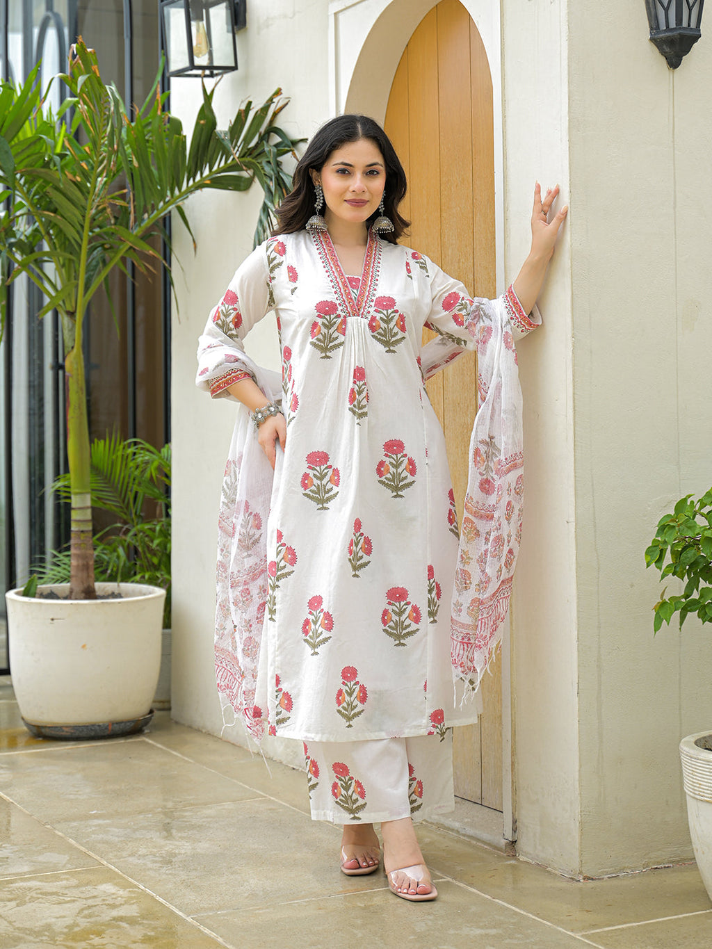 Noe Velarro White Cotton Hand Block A-Line Kurta Pant Sets With Dupatta