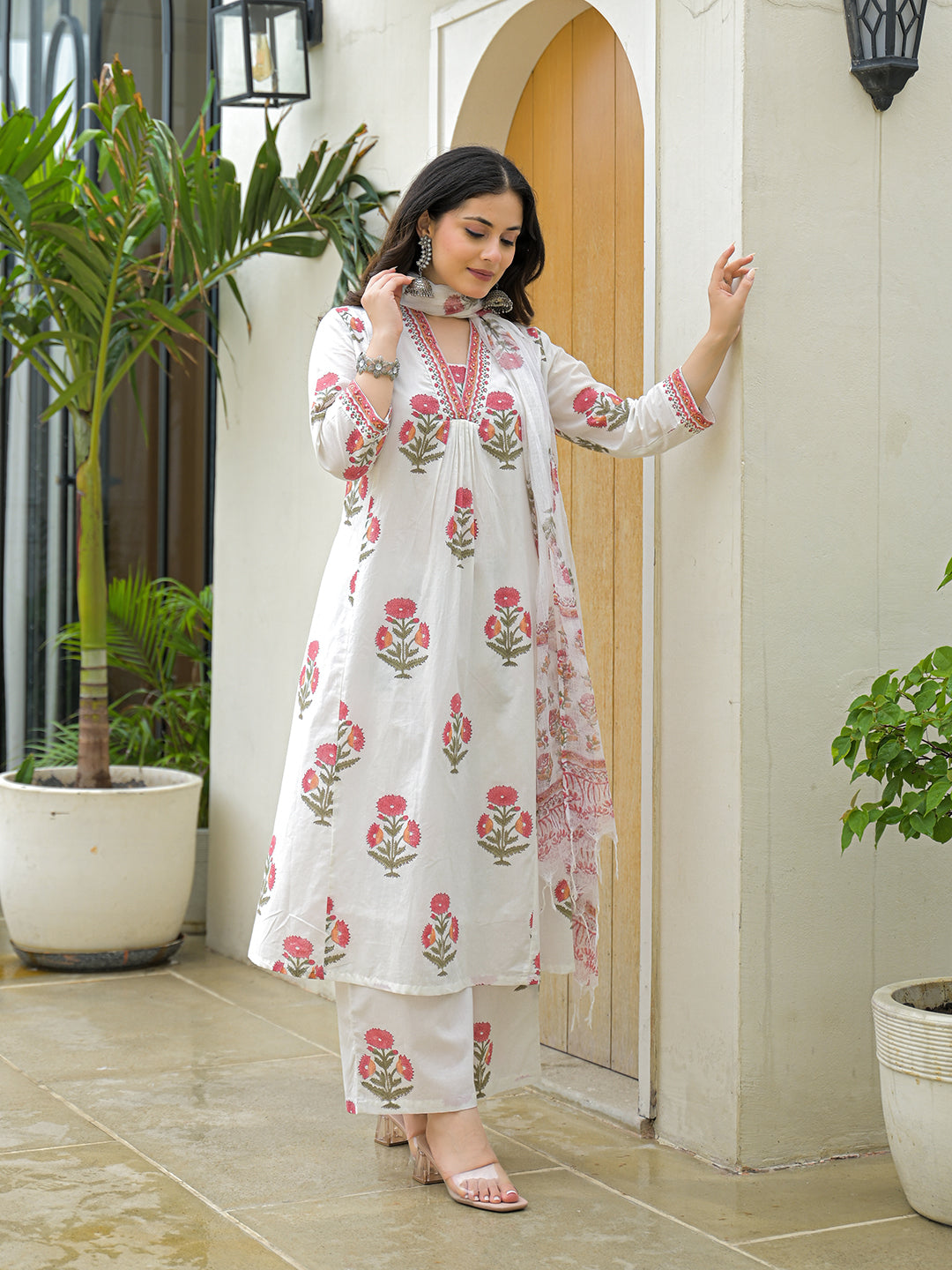 Noe Velarro White Cotton Hand Block A-Line Kurta Pant Sets With Dupatta