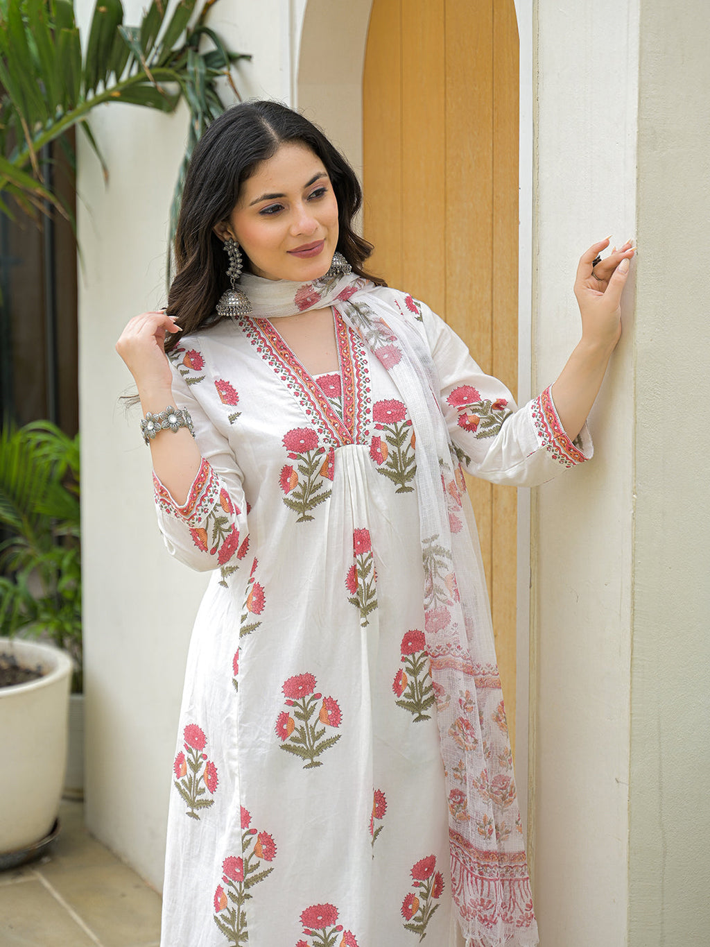 Noe Velarro White Cotton Hand Block A-Line Kurta Pant Sets With Dupatta