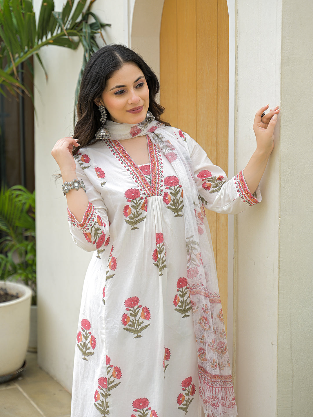 Noe Velarro White Cotton Hand Block A-Line Kurta Pant Sets With Dupatta