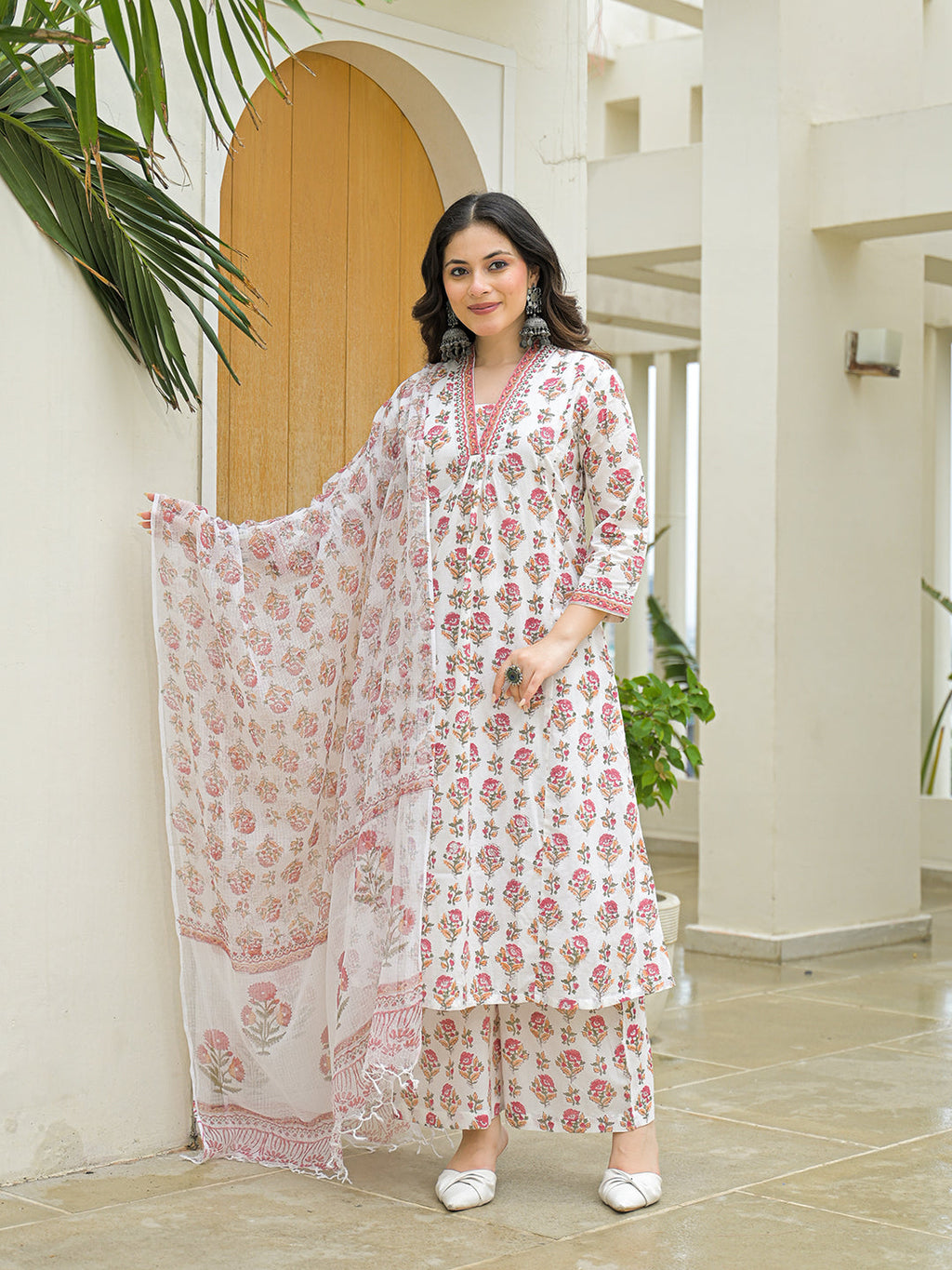 Noe Velarro White Cotton Hand Block A-Line Kurta Pant Sets With Dupatta