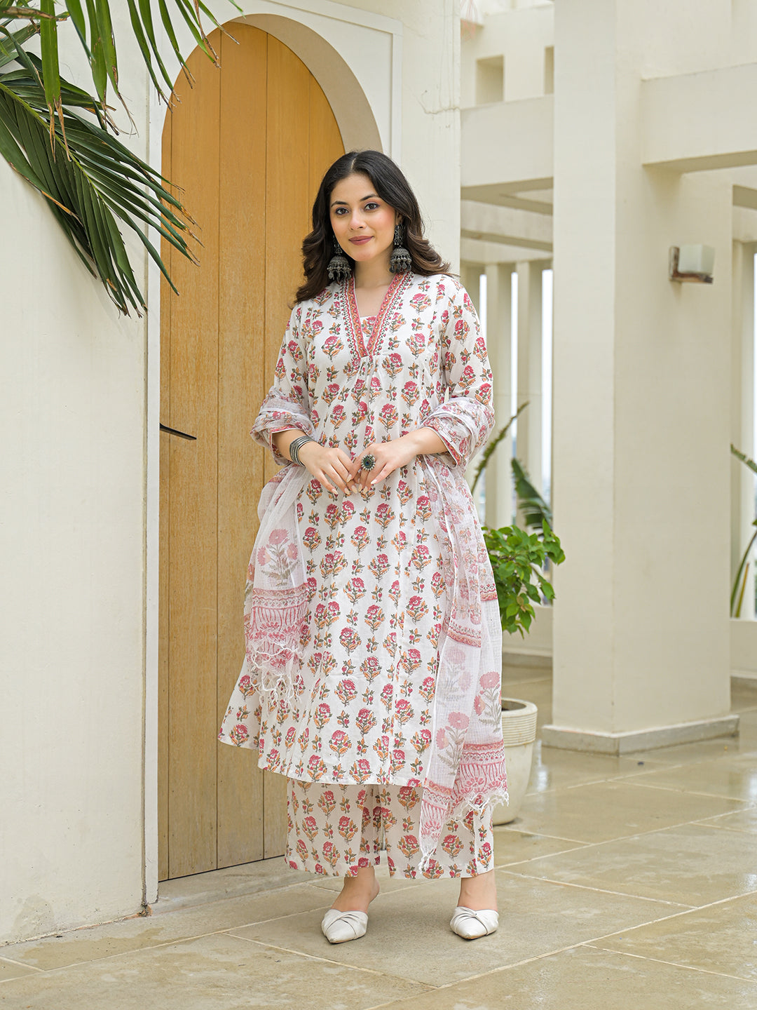 Noe Velarro White Cotton Hand Block A-Line Kurta Pant Sets With Dupatta