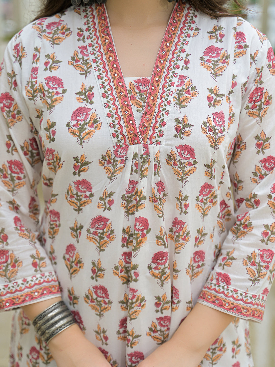 Noe Velarro White Cotton Hand Block A-Line Kurta Pant Sets With Dupatta