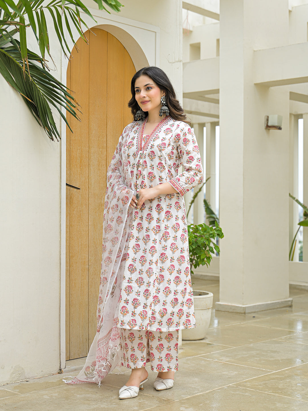 Noe Velarro White Cotton Hand Block A-Line Kurta Pant Sets With Dupatta