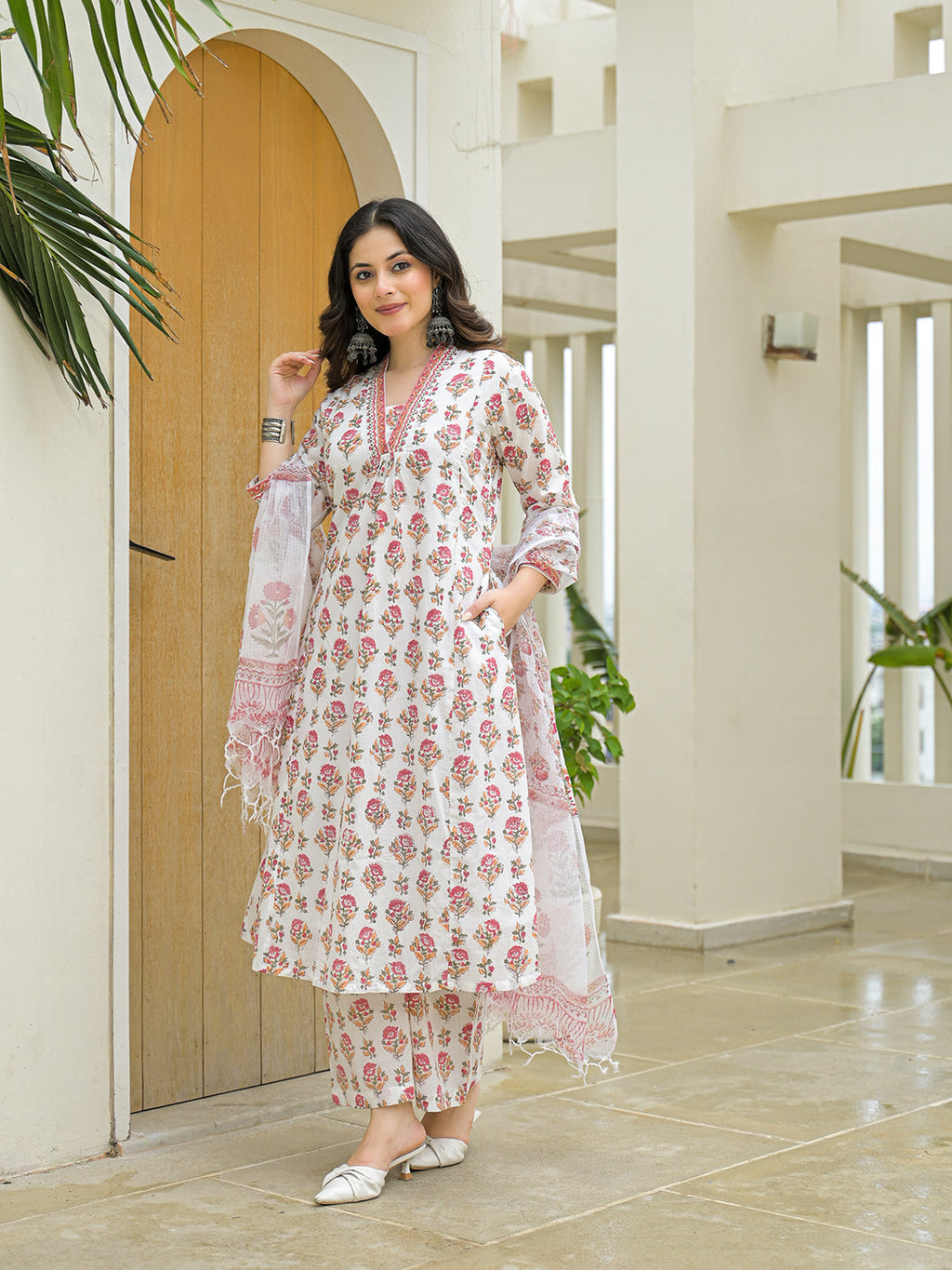 Noe Velarro White Cotton Hand Block A-Line Kurta Pant Sets With Dupatta