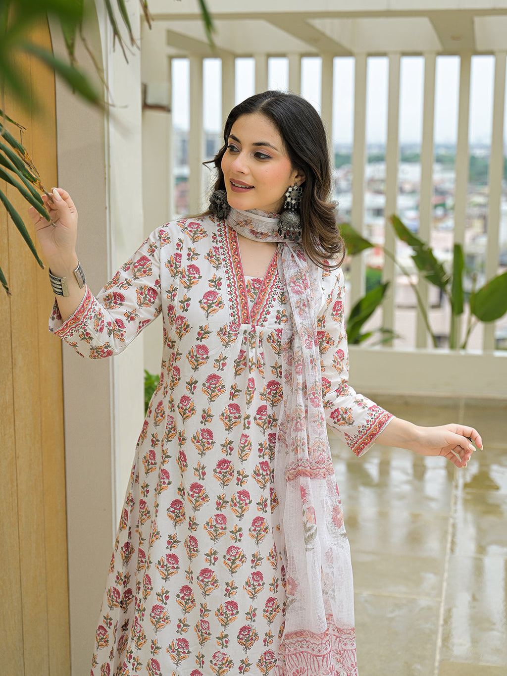 Noe Velarro White Cotton Hand Block A-Line Kurta Pant Sets With Dupatta