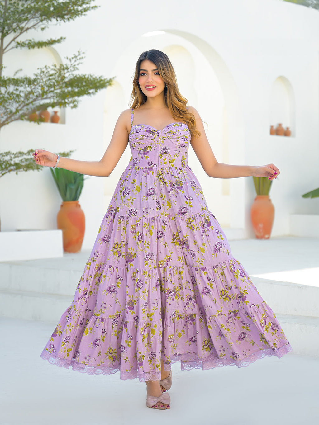 Noe Velarro Light Purple Cotton Floral Print Sleeveless Long Dress