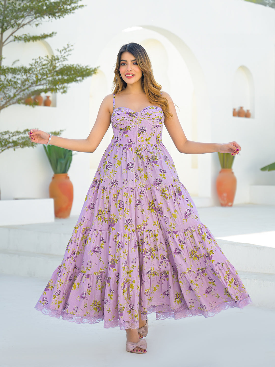 Noe Velarro Light Purple Cotton Floral Print Sleeveless Long Dress