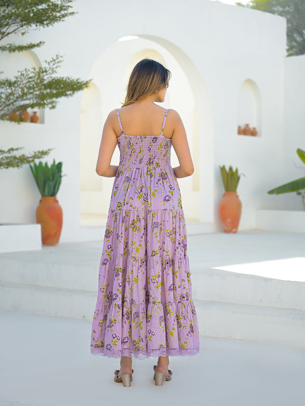 Noe Velarro Light Purple Cotton Floral Print Sleeveless Long Dress