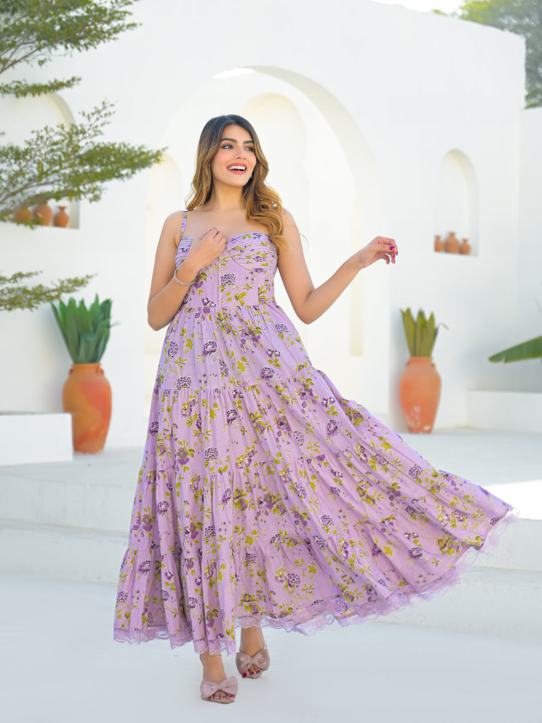 Noe Velarro Light Purple Cotton Floral Print Sleeveless Long Dress
