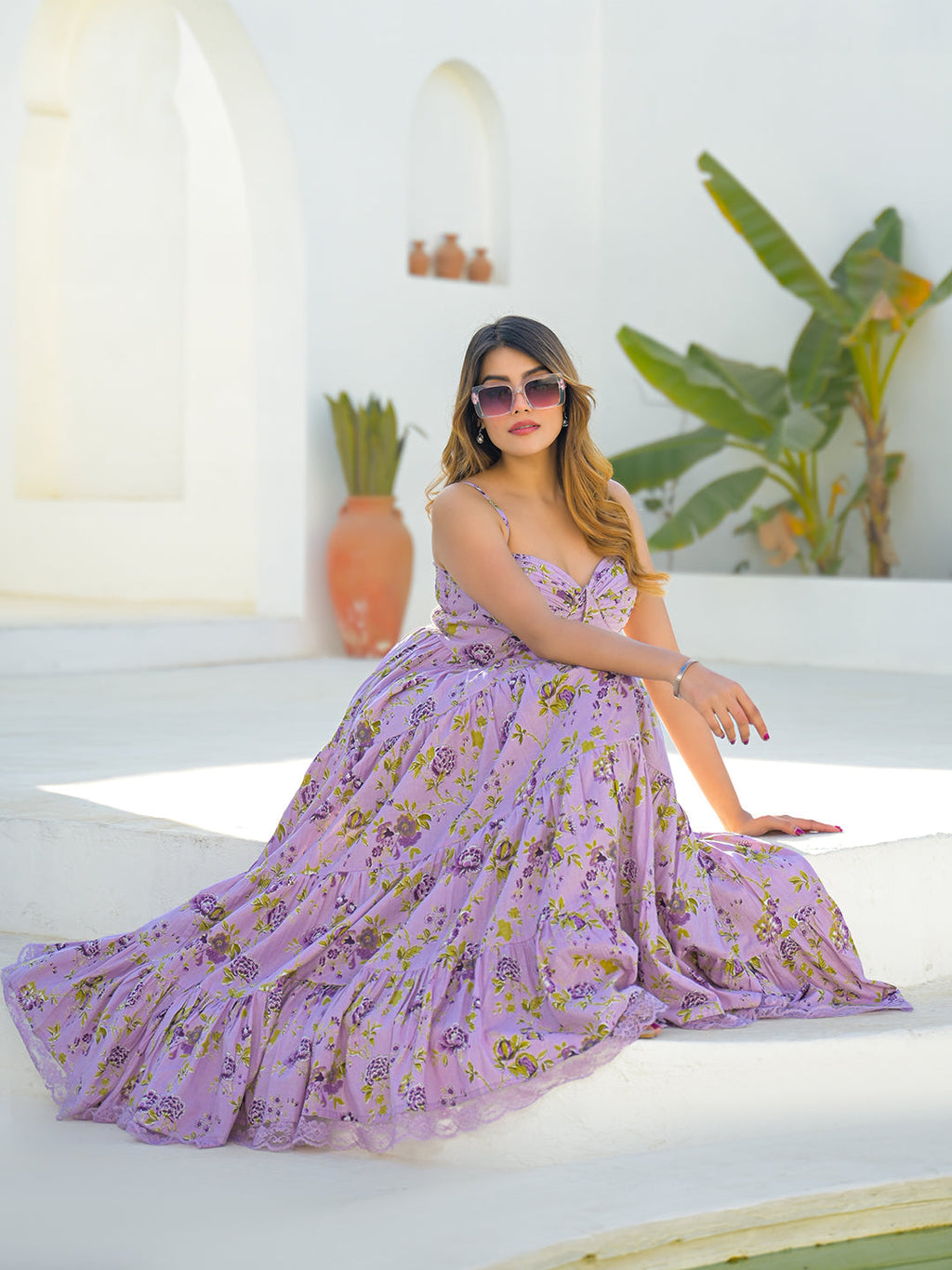 Noe Velarro Light Purple Cotton Floral Print Sleeveless Long Dress